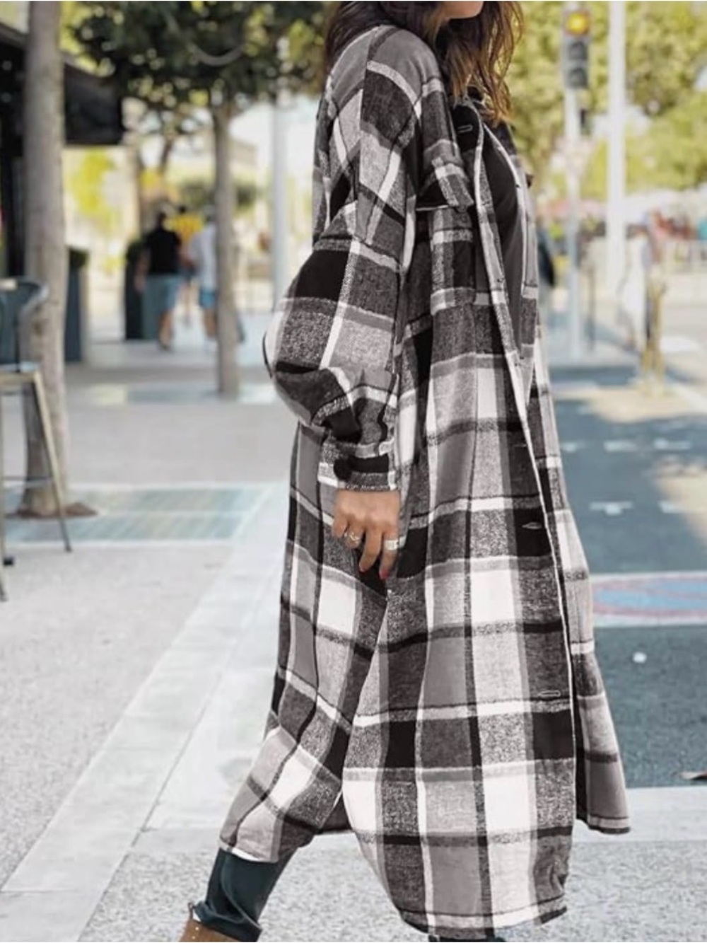 SKIKYAN Women Fall Flannel Plaid Shacket Jacket Oversized Button Down Long Shirt